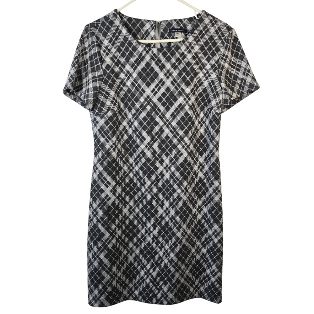 NWOT Tommy Hilfiger Gray and White Argyle Plaid Shirt Sleeve Pullover Dress 10